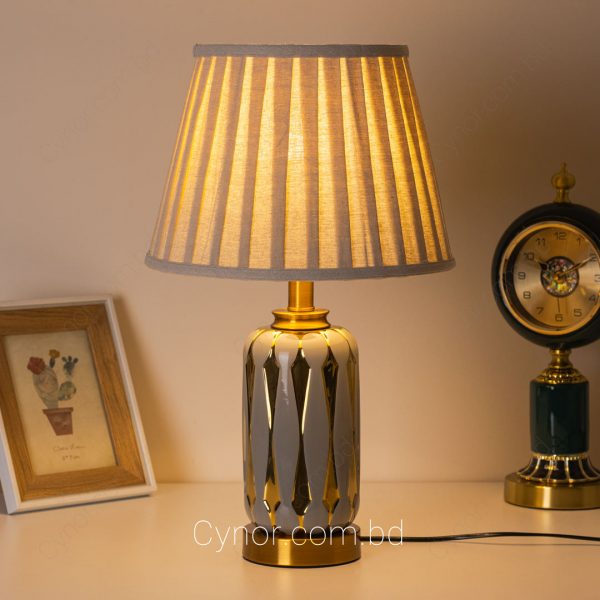 Ash and Golden Color Ceramic Body Metal Base Biscuit Color Fabric Shade Table Lamp