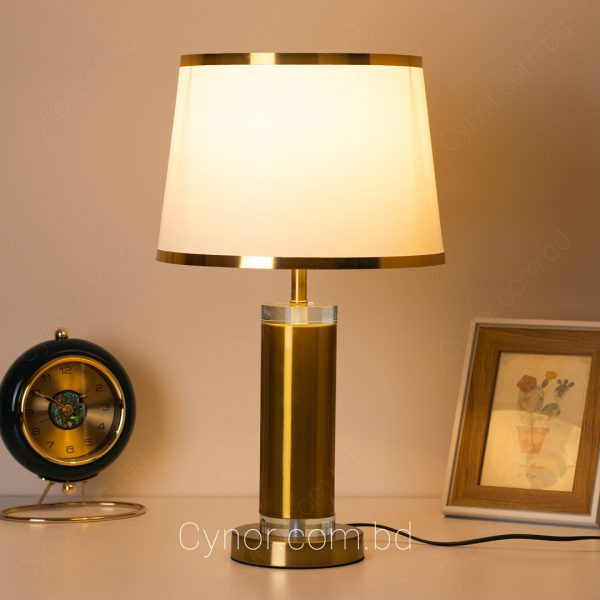 Golden Color Metal and Glass Body White Color Fabric Shade Table Lamp
