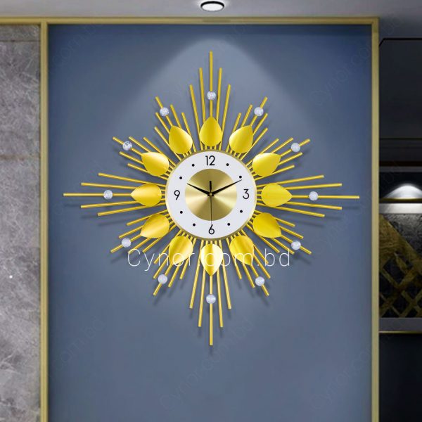 Metal Body with Stone Design Golden Color Leaf and Sunburst Design Wall Clock