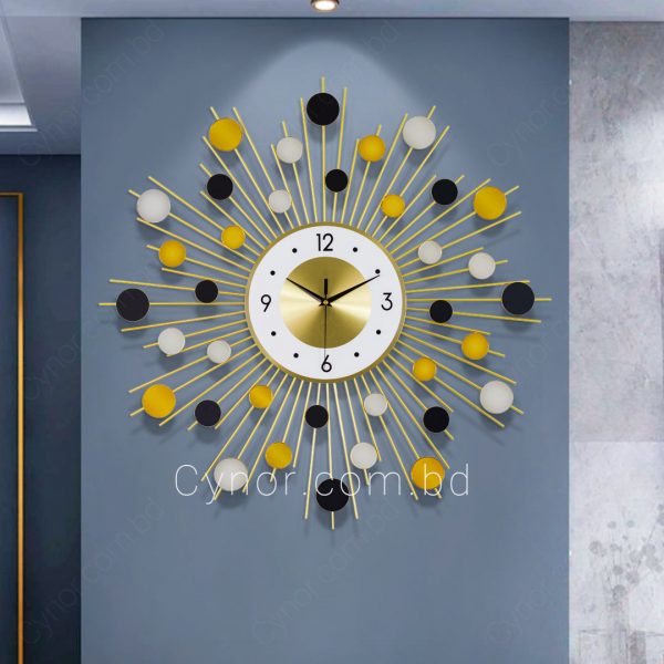 Metal Body Golden, Black Color Sun Burst Mirror Design Wall Clock