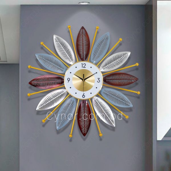 Metal Body Maroon, Silver, Ash Color Leaf Design Wall Clock