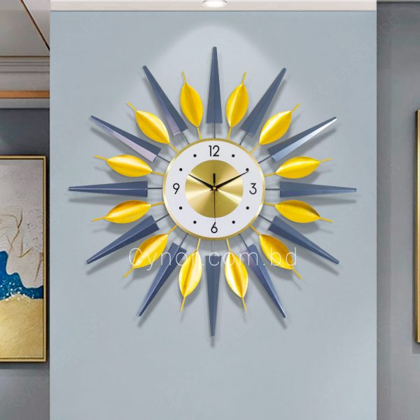 Metal Body Golden, Ash Color Sun Burst Design Wall Clock