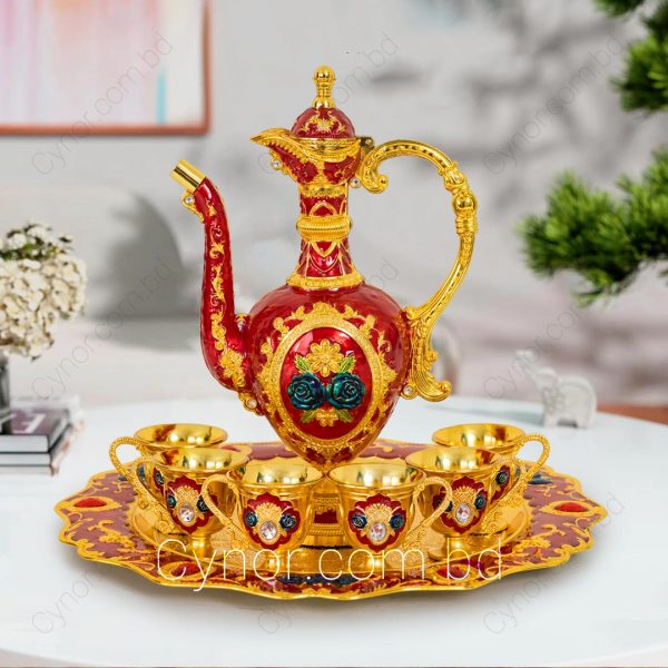 Red and Golden Color Metal Body with Plastic Stone Design 6 Cup 1 Jug 1 Plate Surai Set
