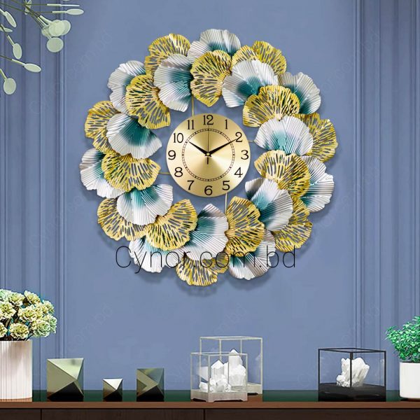 Metal Body Golden, Green & Silver Color Gingko Leaf Design Golden Dial Wall Clock