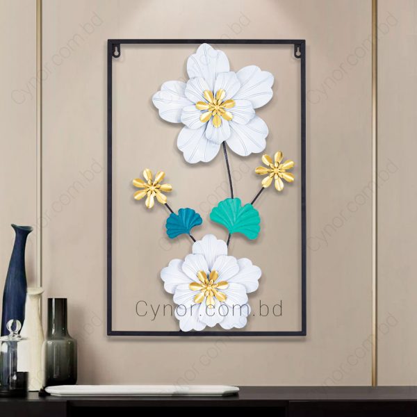 Metal Body White, Golden, Green Color Leaf and Flower Design Wall Decor