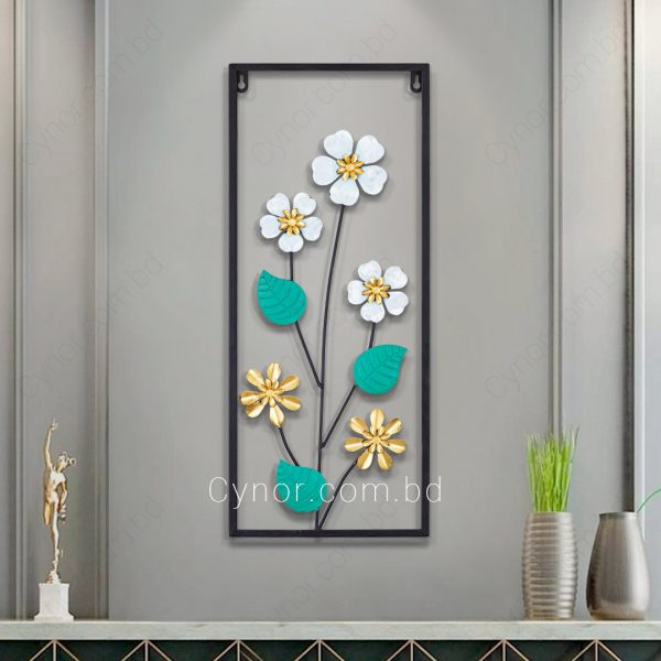 Metal Body White, Golden, Green Color Leaf and Flower Design Wall Decor