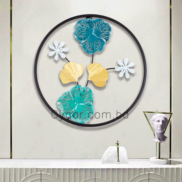 Metal Body White, Golden, Green, Teal Color Leaf and Flower Design Wall Decor