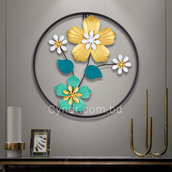 Metal Body White, Golden, Green, Teal Color Leaf and Flower Design Wall Decor