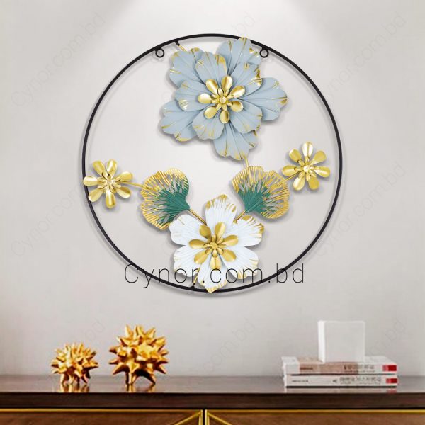 Metal Body Golden, Green, Ash, White Color Leaf and Flower Design Wall Decor