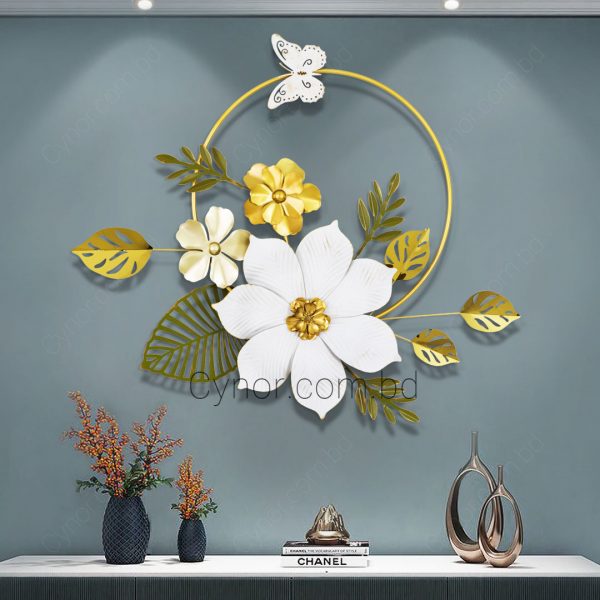 Metal and Stainless Steel Body Golden, White, Green Color Leaf, Flower, Butterfly Design Wall Decor