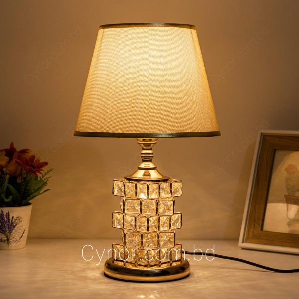 Golden Color Metal Body with Crystal Stone Design Brown Color Fabric Shade Table Lamp