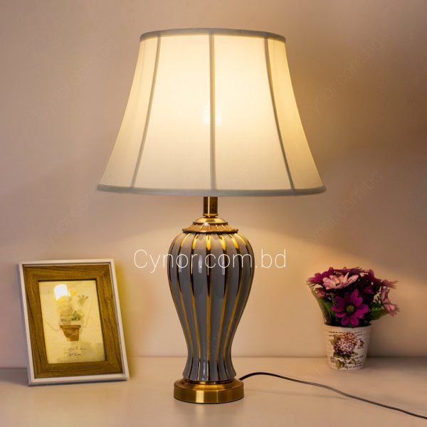 Very High Quality Ash and Golden Color Ceramic and Metal Body with Cream Color Fabric Shade Table Lamp
