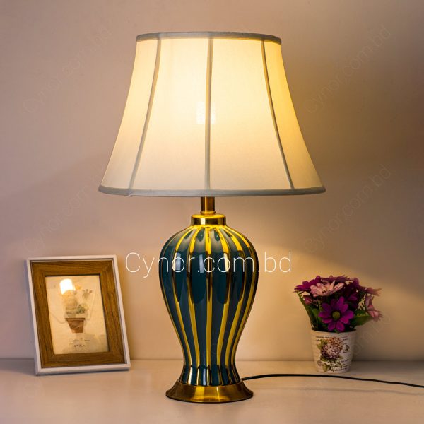 Very High Quality Green and Golden Color Ceramic and Metal Body with Cream Color Fabric Shade Table Lamp