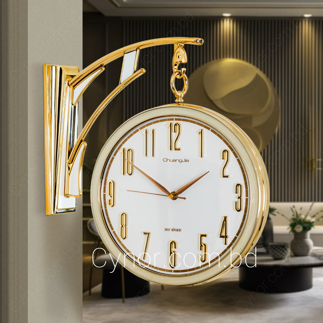 WC247-Cream-Golden, Cream and White Color Fiber Body Double Sided Station Wall Clock (1)