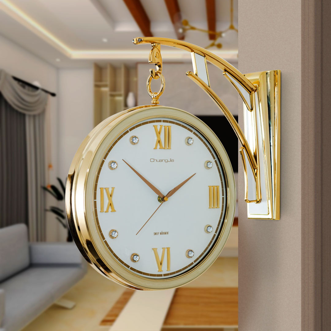 WC247-Cream-Golden, Cream and White Color Fiber Body Double Sided Station Wall Clock (2)
