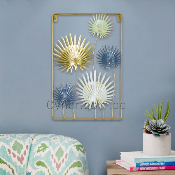 Metal Body Golden, Blue, White Color Aquamarine Leaf Design Wall Decor