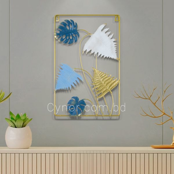 Metal Body Golden, Blue, White Color Aquamarine Leaf Design Wall Decor