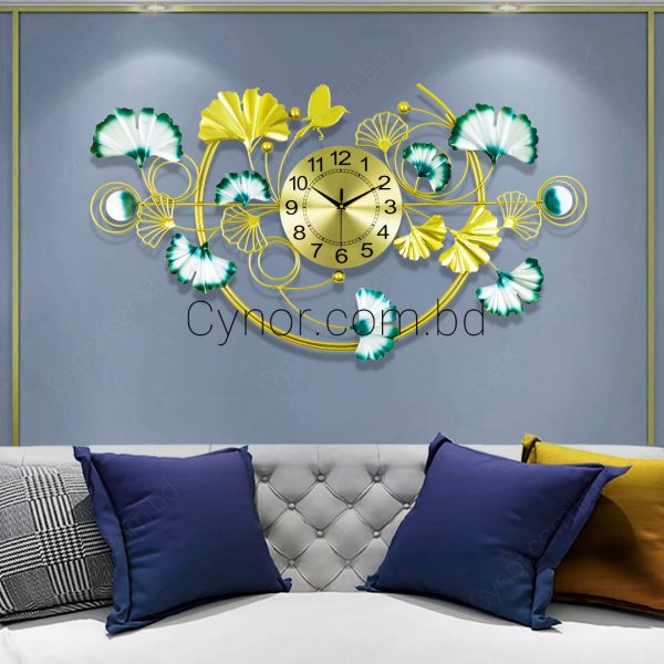 Metal Body Golden, Green and White Color Leaf Design Decorative Wall Clock