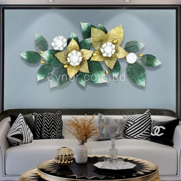 High Quality Metal Body Golden, Green, White Color Leaf and Flower Design Wall Decor