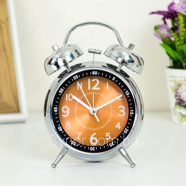 Metal Body Twin Bell Silver Color Body Orange Dial Vintage Design Alarm Clock