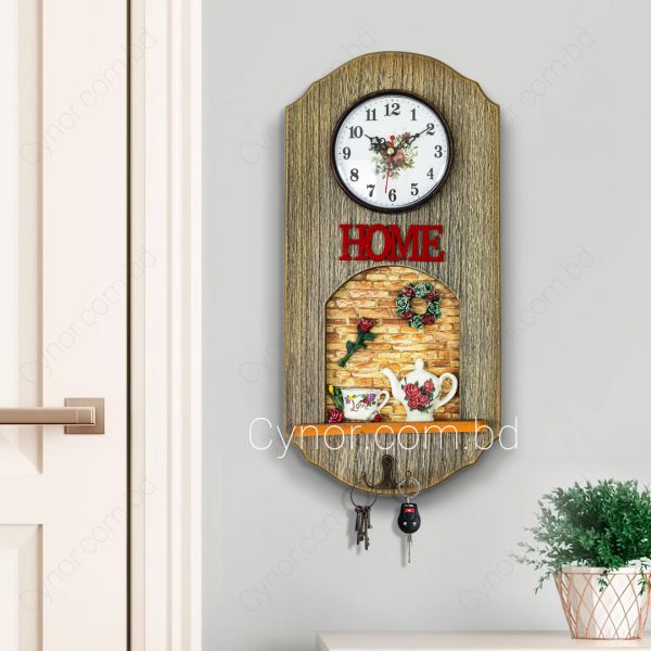 Wooden Body Tea Pot and Flower Design with Clock Key Holder