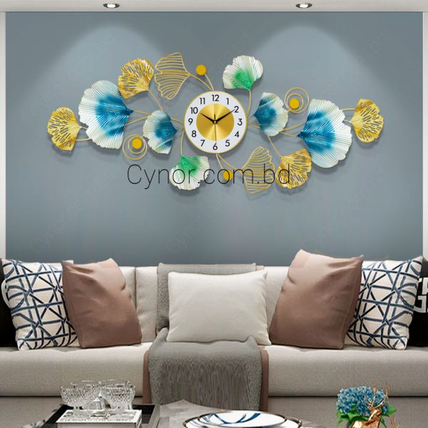 Metal Body Golden, Green and Blue Color Gingko Leaf Design Wall Clock