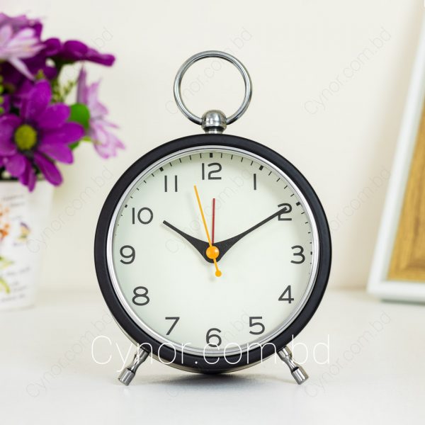 Black Color Metal and Glass Body Off White Color Dial Design Alarm Clock