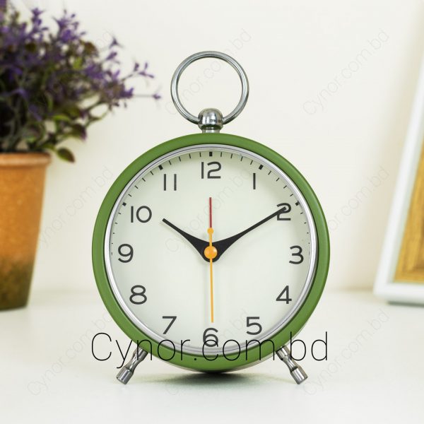 Green Color Metal and Glass Body Off White Color Dial Design Alarm Clock