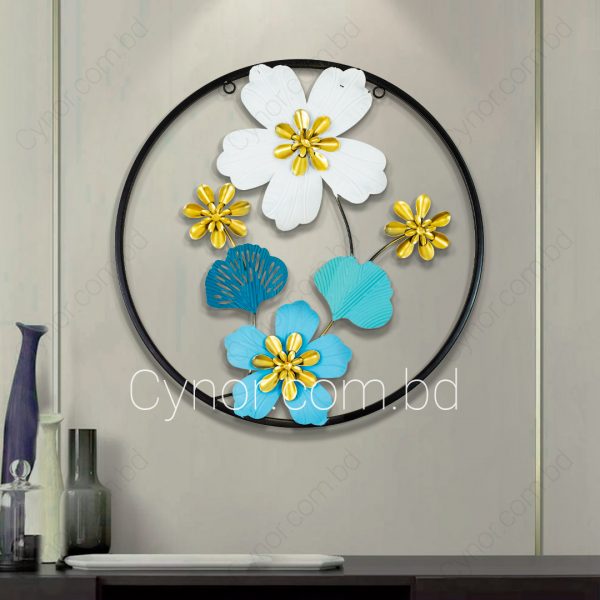 Metal Body Golden, Blue, White Color Leaf and Flower Design Wall Decor