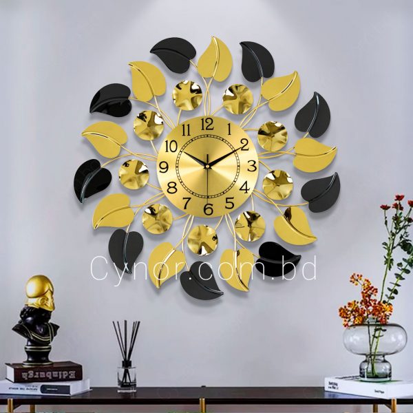 Stainless Steel Metal Body Golden and Black Color Reflective Leaf Design Wall Clock