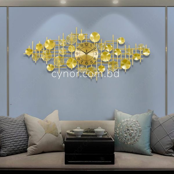 Metal Body Golden Color Aquatic Leaf and Pipe Design Wall Clock