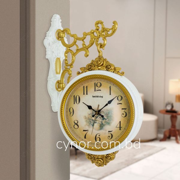 Fiber Body Golden and White Color Texture Design Double Sided Station Wall Clock