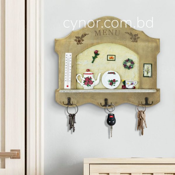 Wooden Body Fiber Decorative Vintage Design with Thermometer Wood Color Key Holder