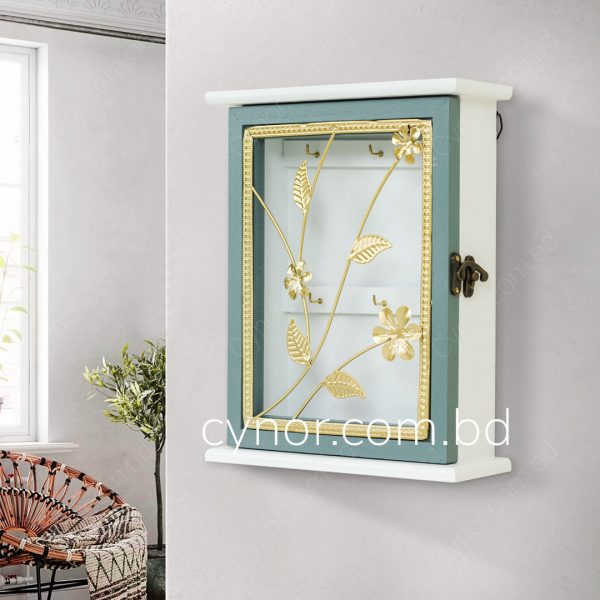 Mint and White Color Wooden Body with Metal Golden Design Key Holder