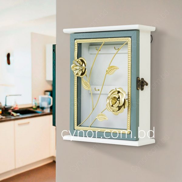 Mint and White Color Wooden Body with Metal Golden Design Key Holder