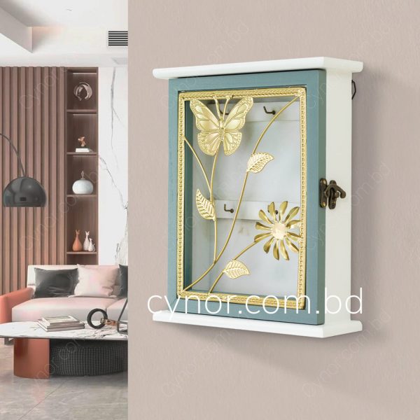 Mint and White Color Wooden Body with Metal Golden Design Key Holder