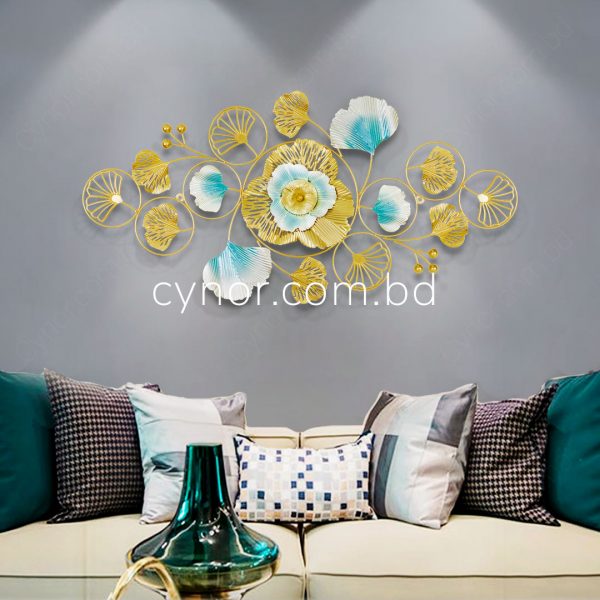 Metal Body Golden, Teal, Silver Color Gingko and Aquatic Leaf Design Wall Decor
