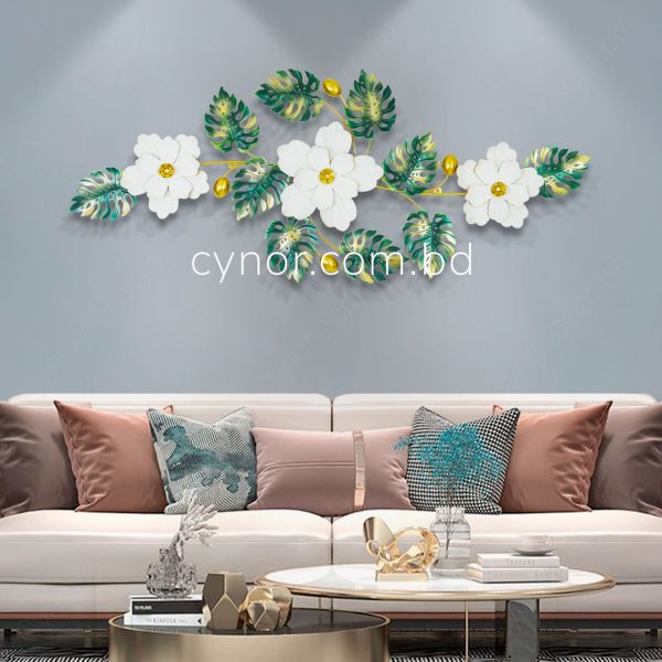 Metal Body Golden, Green, White Color Aquatic Leaf and Flower Design Wall Decor