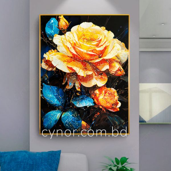 Metal Aluminium Frame Resin with Stone Design Abstract Rose Flower Wall Frame Decor