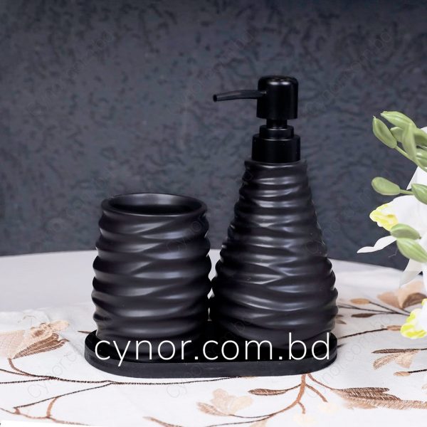 Porcelain Ceramic Made Design with Wooden Tray Black Color 3 Pieces Bathroom Set