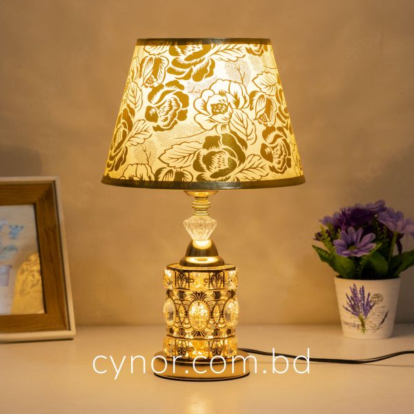 Golden Color Metal Body with Crystal Design Floral Pattern Plastic Shade Table Lamp