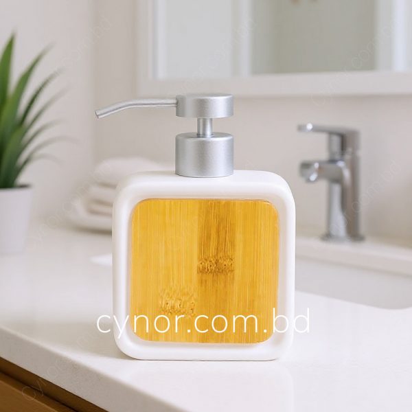 White Color Ceramic and Bamboo Design Body Plastic Pump Cap Soap Shampoo Shower Gel Dispenser