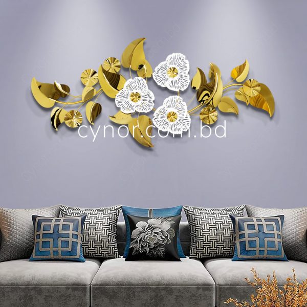 High Quality Metal Body Stainless Steel Design Golden, White Color Aquatic Leaf Design Wall Decor