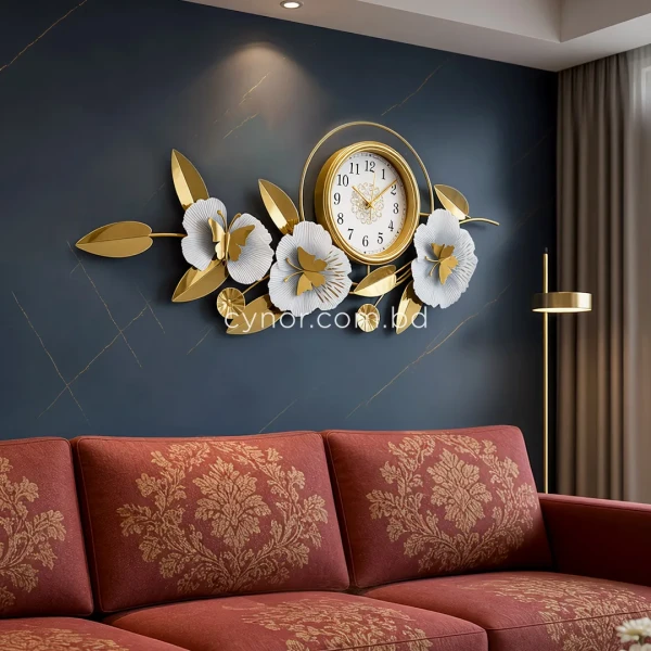 WC678-Metal-Body-Stainless-Steel-Golden-and-White-Color-Aquatic-Leaf-and-Butterfly-Design-Wall-Clock-1
