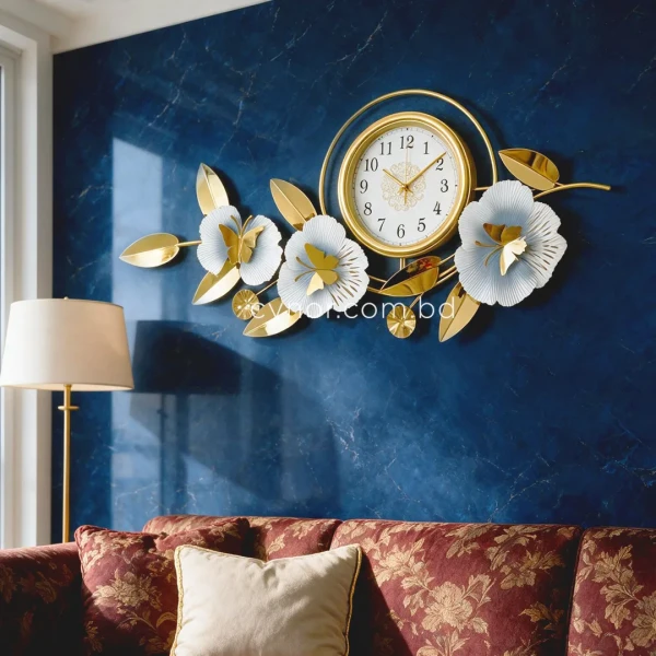 WC678-Metal-Body-Stainless-Steel-Golden-and-White-Color-Aquatic-Leaf-and-Butterfly-Design-Wall-Clock-2