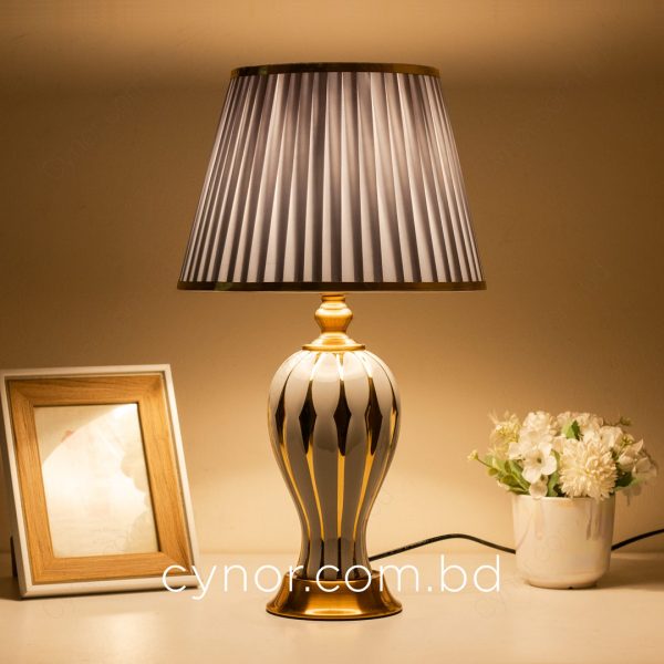 Ceramic and Metal Table Lamp in Ash and Golden Color Body with Ash Color Fabric Shade