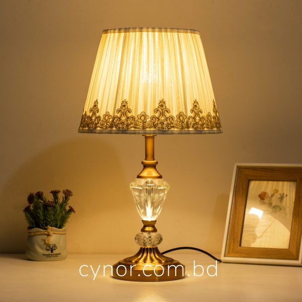 Golden Color Metal Body Table Lamp with Crystal Design and Cream Color Fabric Shade