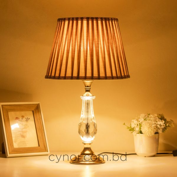 Golden Color Metal Body Table Lamp with Crystal Design and Light Brown Color Fabric Shade