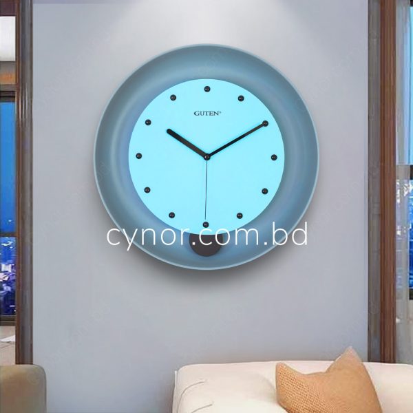 High Quality Metal Body Wooden Dial Ash and Light Blue Color Pendulum Wall Clock with Hourly Ringing Sound
