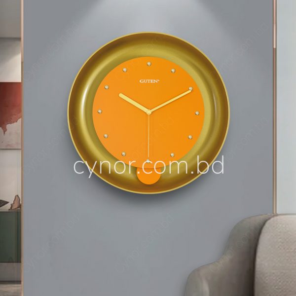 High Quality Metal Body Wooden Dial Golden and Orange Color Pendulum Wall Clock with Hourly Ringing Sound